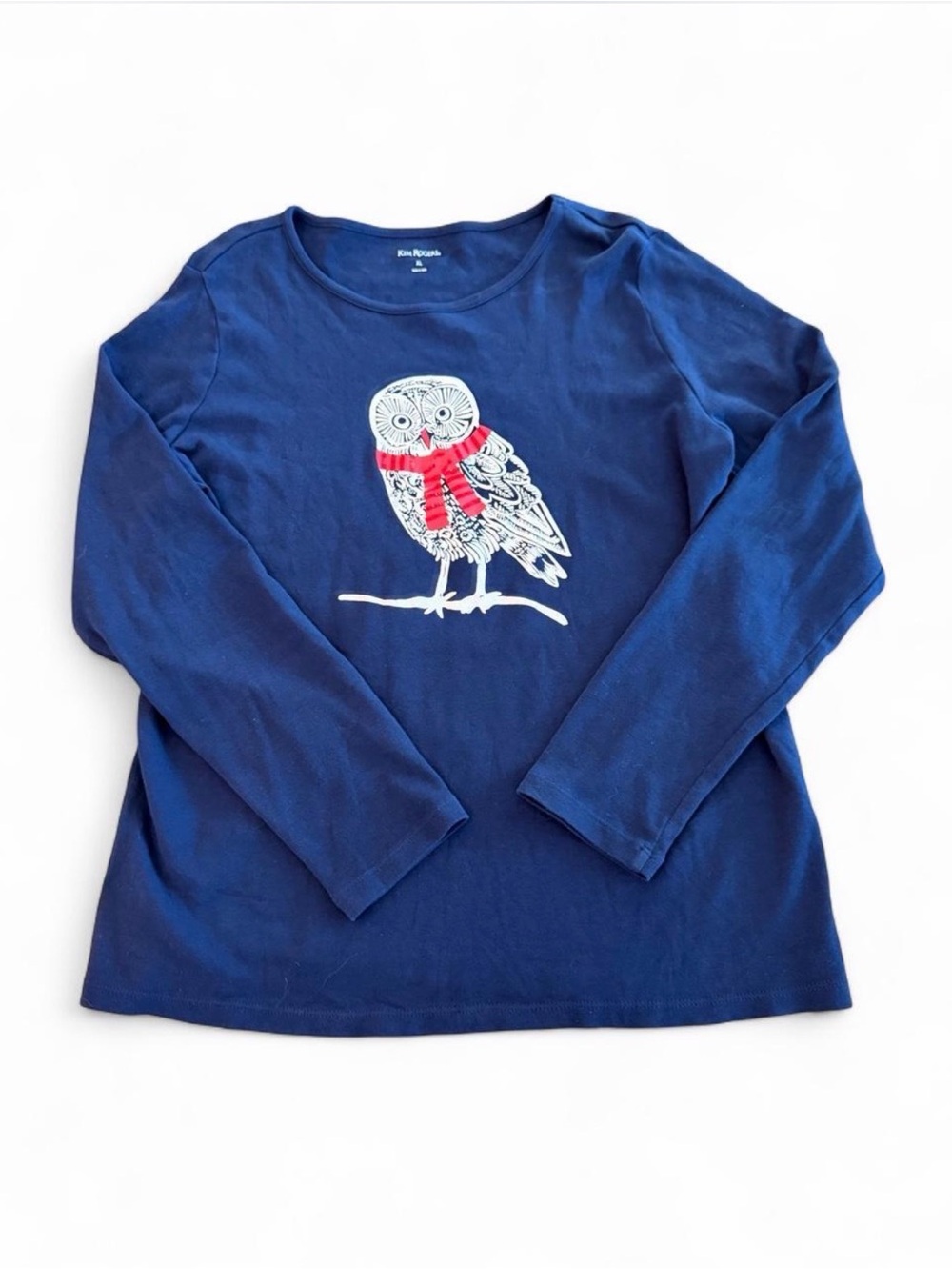 Kim Rogers Navy Long-Sleeve Tee with White Owl and Red Scarf